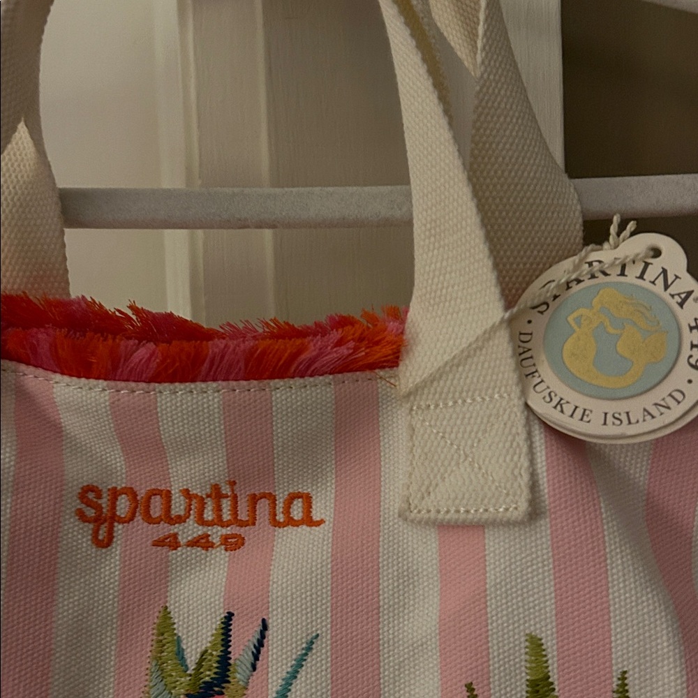 NWT Spartina 449 Pink & White Striped Moreland Pineapple Embroidered Beach Tote - Picture 4 of 8